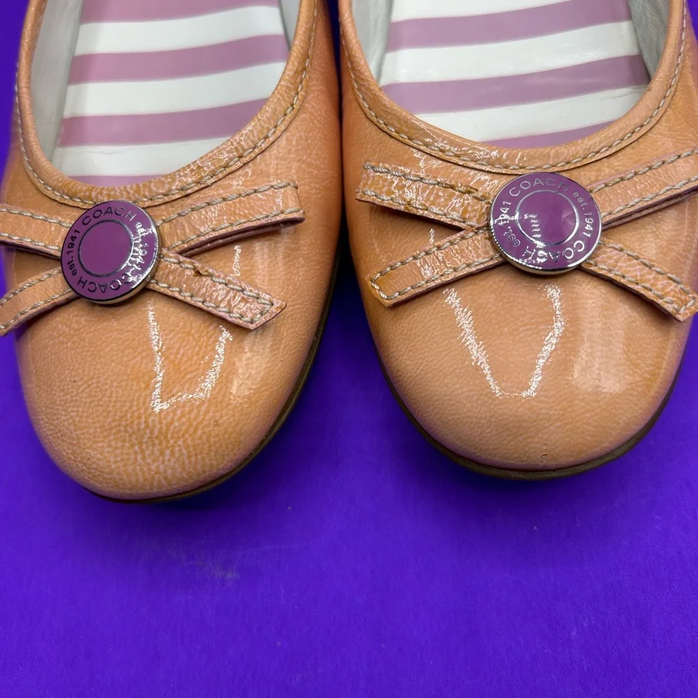 Coach Tan Leather Ballet Flats with Purple Button Detail